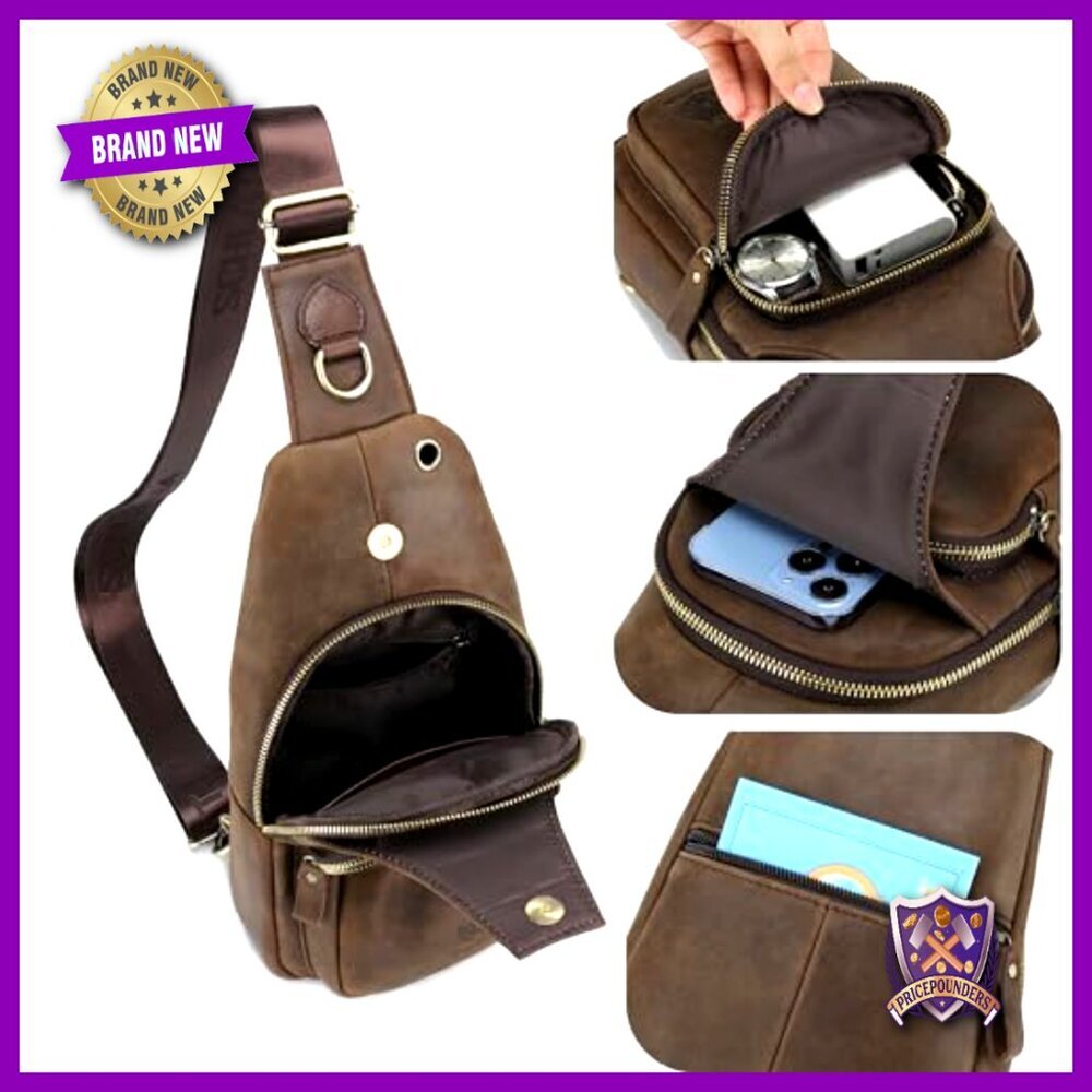 Genuine Leather Sling Bag Vintage Luxury Casual Daypack Adjustable Strap - Picture 5 of 7